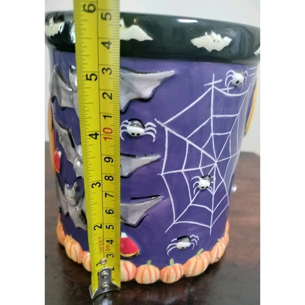 Vintage Halloween Purple Ceramic Pumpkin Bat Spider Web Candle Holder Jar Decor